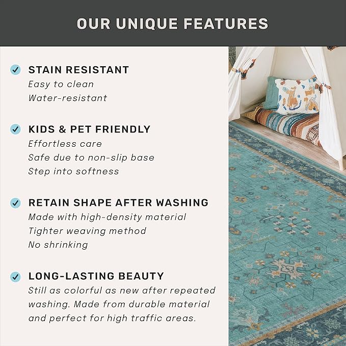 2x4 Washable Teal Throw Rugs for Entryway Indoor - Washable Non Slip Kitchen Rug, Boho Floral Small Carpet for Bathroom, Powder Room, Non Slip Low Pile Stain & Fade Resistant Indoor Décor