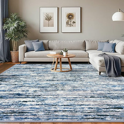 Lansny Modern Abstract 8x10 Large Machine Washable Living Room Rug Non-Slip Soft Bedroom Area Rug Grey Blue White Thin Print Faux Wool Carpet Throw Rugs for Nursery Playroom Dining Room Indoor