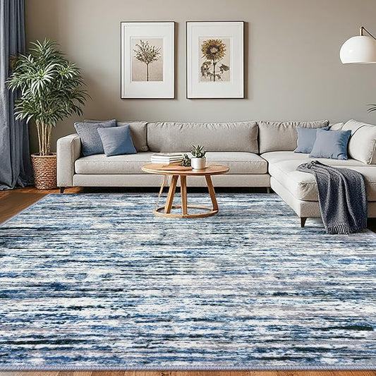 Lansny Modern Abstract 8x10 Large Machine Washable Living Room Rug Non-Slip Soft Bedroom Area Rug Grey Blue White Thin Print Faux Wool Carpet Throw Rugs for Nursery Playroom Dining Room Indoor