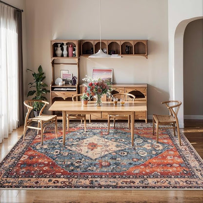 SERISSA 5x7 Boho Tribal Area Rug, Washable Large Rugs for Living Room, Ultra Soft Non-Slip Bedroom Rug Print Distressed Vintage Farmhouse Carpet Rug for Dining Room Dorm Office Home Decor