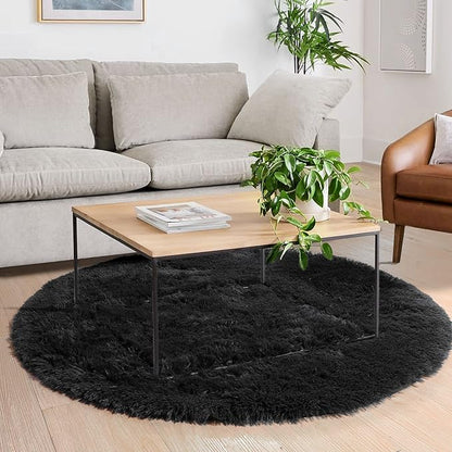 Black Small Round Rug 3Ft for Bedroom, Fluffy Circle Area Rugs for Living Room Decor Aesthetic, Shaggy Furry Circular Floor Carpet for Office Playroom Nursery Classroom, Modern Baby Kid Teen Boy Rug