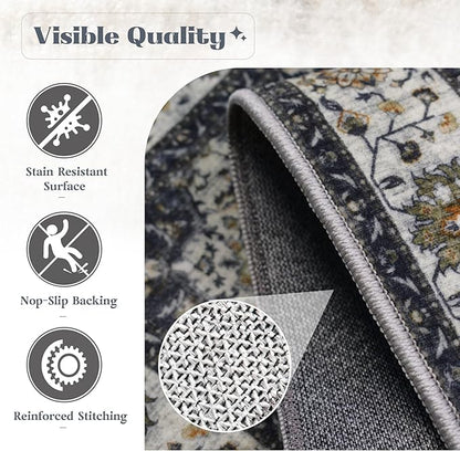 Area Rug 5x7 Washable Rug, Vintage Boho Medallion Rugs Non-Slip Soft Low Pile Large Distressed Rug Indoor Retro Carpet for Living Room Bedroom Dining Room Home Office (Vintage Black, 5'x7')
