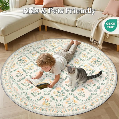 Round Area Rug for Living Room: 4 ft Floral Washable Circle Rug Soft Non-Slip Carpet Indoor Stain Resistant Low Pile Small Circular Rug for Bedroom Entryway Kitchen Nursery Home Office Beige/Multi