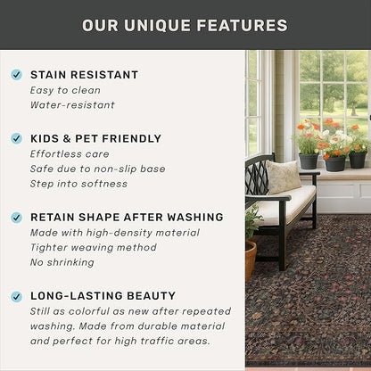 Dark Brown Washable Area Rug for Living Room - 6x9 Oriental Area Rug for Dining Room Under Table, Low Pile Non-Slip Floor Carpet for Bedroom - Vintage Botanical Floral Design & Stain Resistance