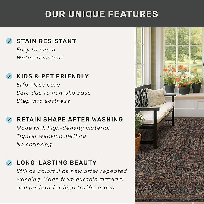 Dark Brown 2x4 Entryway Rug, Small Runners for Kitchen, Door Mat Indoor Entrance, Bathroom, Non-Slip Low-Pile Washable Stain Resistant, Vintage Floral Design