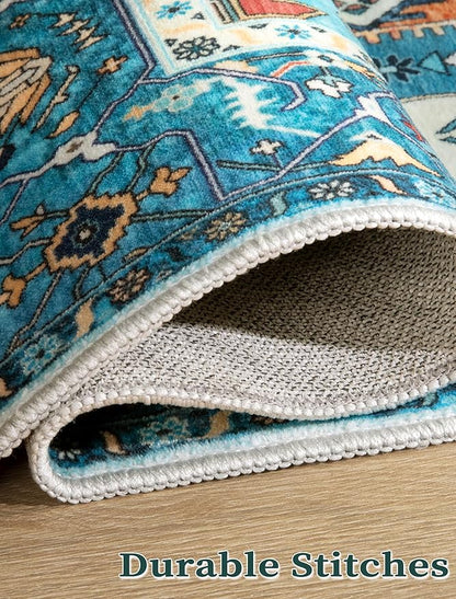 SERISSA Boho Washable Runner Rug, 2x5 Rug Runner Non-Slip Vintage Blue Hallway Kitchen Runner Rug Ultra Soft Print Distressed Tribal Floor Carpet Runner for Bedroom Bathroom Laundry Living Room