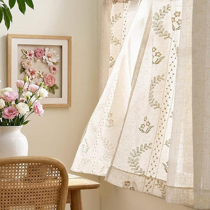 jinchan Belrose Linen Floral Kitchen Curtains 36 inch Length Embroidered Farmhouse Cafe Curtains for Living Room Bathroom Small Windows Curtain Set Sheer Light Filtering 2 Panels Beige