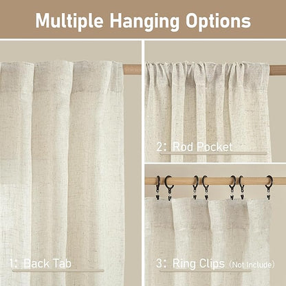 LAMIT Natural Linen Boho Curtains 80 inch Length 2 Panels, Cream Ivory Light Filtering Semi Sheer Panels Back Tab and Rod Pocket Neutral Drapes for Bedroom/Living Room, 34 x 80 Inch