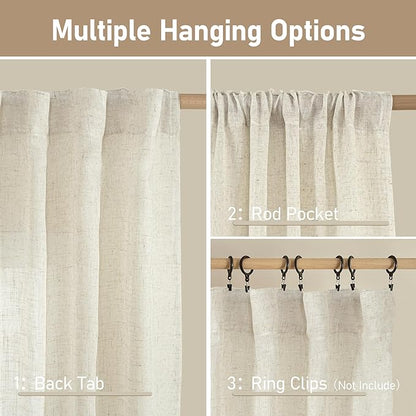 LAMIT Natural Linen Semi Sheer Window Curtains 54 Inch, Light Filtering Neutral Bedroom Curtains Farmhouse Boho Back Tab and Rod Pocket Panels, Cream Ivory, 2 Panels, 52 x 54 Inch