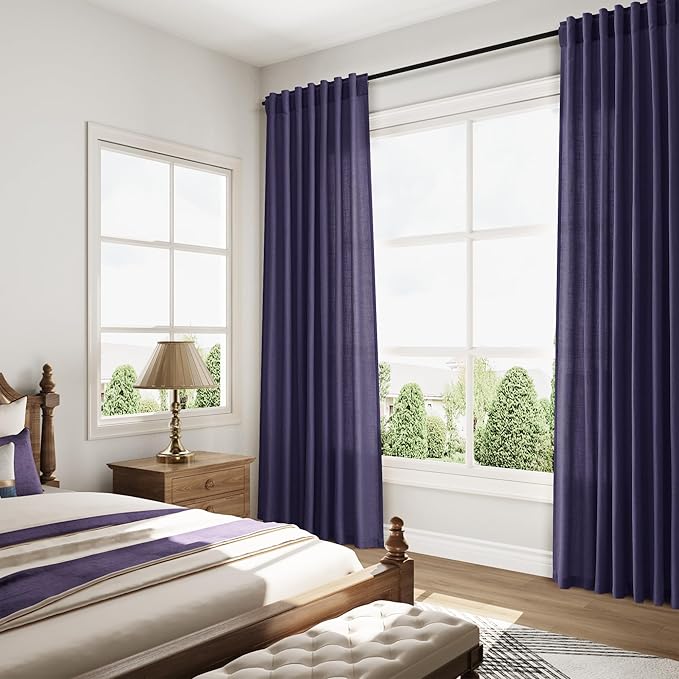 Extra Long Curtain Purple Morden Linen Blend Light Filtering Back Tab Curtains for Long Winodws 120 Inches Length, Semi Sheer Privacy Drapes for Living Room, 52x120 inch, 2 Panels