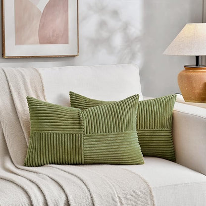 Fancy Homi 2 Packs Moss Green Lumbar Decorative Throw Pillow Covers 16x32 Inch for Living Room Couch Bed, Rustic Farmhouse Boho Home Decor, Soft Striped Corduroy Rectangle Accent Cushion Case 40x80 cm
