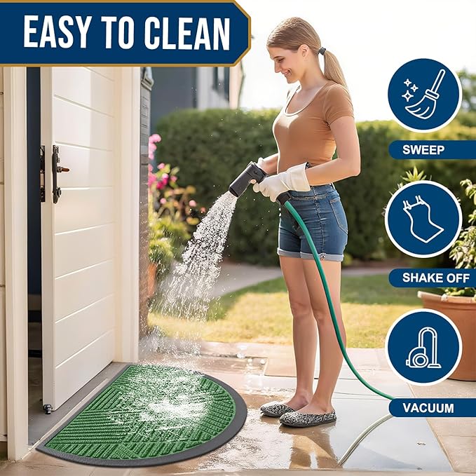 Smiry Half Circle Front Door Mat Outside Entrance, Heavy Duty Sturdy Natural Rubber Doormat, Trap Dirt and Moisture, Low Profile Mats for Indoor Outdoor Entry, Irregular Triangle (35x23, Green)