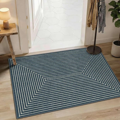 Latte&Fog 2x3 Entryway Rug, Small Modern Abstract Door Mat, Washable Kitchen Rug Samll Rug, Boho Non Slip Low Pile Carpet for Indoor Kitchen, Entry, Front Door and Bathroom - Blue