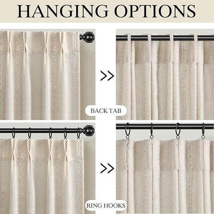 Pinch Pleated Look Light Filtering Curtains 84 Inch Length, 2 Panels Linen Textured Boho Neutral Drapes for Living Room Bedroom Farmhouse Vintage Rustic Window Curtains with Hooks