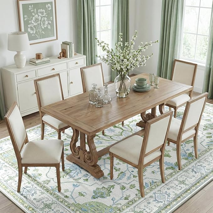 Area Rugs 8'x10' Washable Non-Slip, Floral Vintage Distress Print Pattern Medallion Carpet for Living Room Bedroom Dining Room, Green White Blue