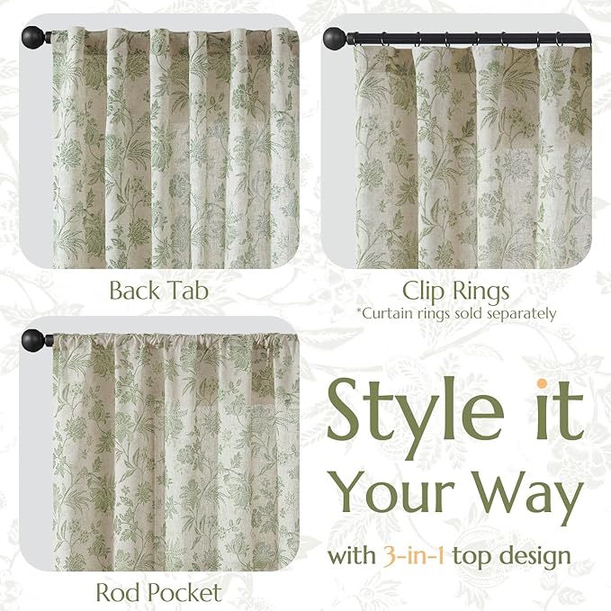 jinchan Linen Floral Curtains for Living Room with Printed Flower 96 Inches Long Light Filtering French Country Back Tab Rod Pocket Sage Green Window Curtain Set Farmhouse Drapes 2 Panels