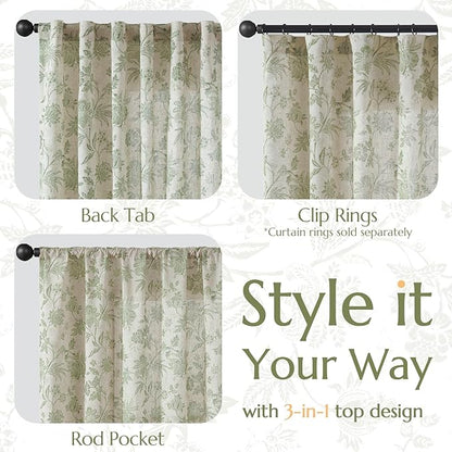 jinchan Linen Floral Curtains for Living Room with Printed Flower 108 Inches Long Light Filtering Extra Long Back Tab Rod Pocket Sage Green Window Curtain Set Farmhouse Drapes, 2 Panels