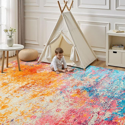 Rugflix 8x10 Area Rugs for Living Room, Washable Large Multicolor Rug Stain-Resistant Low Pile, Modern Carpet for Dining Room Home Office Kid Room Nursery Bedroom, Colorful Rainbow