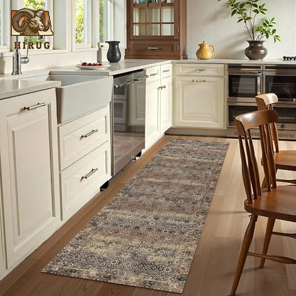Washable Area Rug 2'6'' x 8' Vintage Traditional Persian Mat - Foldable Distressed Non-Slip Machine Washable Carpet for Living Room Bedroom Kitchen Home Decor - Umber and Slate