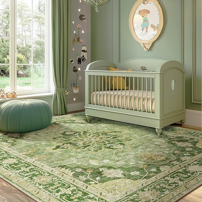 RELEANY Area Rugs 5'x8' Washable Non-Slip, Floral Vintage Distress Print Pattern Medallion Carpet for Living Room Bedroom Dining Room, Sage Green Yellow