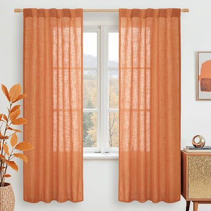 LAMIT Burnt Orange Linen Curtains for Bedroom, 72 Inch Length Light Filtering Semi Sheer Panels Back Tab and Rod Pocket Neutral Drapes for Living Room, 2 Panels, 34 x 72 Inch