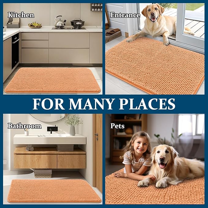 OLANLY Dog Door Mat for Muddy Paws 59x24, Absorbs Moisture and Dirt, Absorbent Non-Slip Washable Doormat, Quick Dry Chenille Mud Mat for Dogs, Entry Indoor Entryway Carpet for Inside Floor, Orange