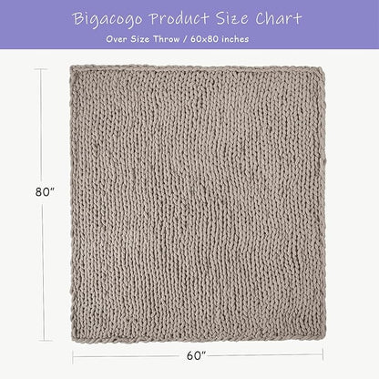 Bigacogo Chunky Knit Throw Blanket for Couch, 60x80 inches, 100% Hand Knitted with Thick Jumbo Chenille Yarn, Cozy Soft Large Rope Knot Cable Crochet Blankets for Sofa Bed Living Room, Taupe