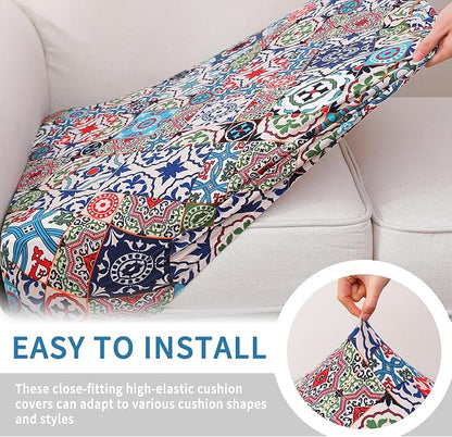 hyha Printed Couch Cushion Covers, Floral Sofa Covers Washable for 2 Cushion Couch, Stretch Pattern Outdoor Cushion Covers for Patio Furniture with Elastic Bottom(2 Packs, Patchwork Moroccan)