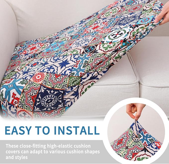 hyha Printed Couch Cushion Covers, Floral Sofa Covers Washable for 3 Cushion Couch, Stretch Pattern Outdoor Cushion Covers for Patio Furniture with Elastic Bottom(Large, Patchwork Moroccan)