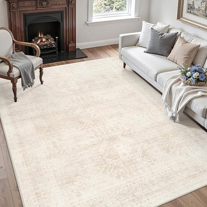 5x7 Area Rugs for Living Room: Vintage Boho Neutral Washable Rug Indoor Soft Large Area Rug Carpet for Bedroom Nursery Farmhouse Dining Room Office Floor Non-Slip Low Pile Under Table Rug Beige