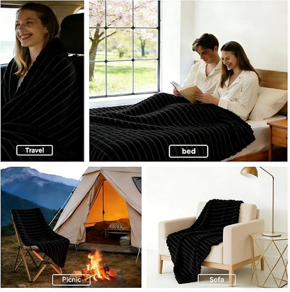 HIMEET Black Ribbed Twin Blanket for Bed - 300GSM Lightweight Soft Fleece Blanket for Men Women, Cozy Blankets Graduation Birthday Gifts, Striped Spring Home School Dorm Decor, Black, 60x80 Inches