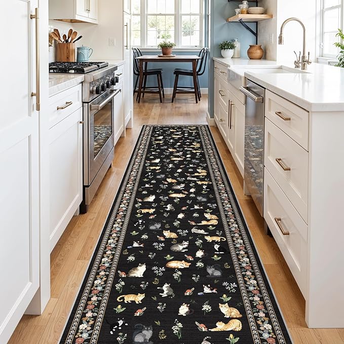 2x10 Washable Hallway Runner Rug - Soft Low Pile Floral Animal Cat Print Rugs with Non-Slip Backing Waterproof Stain-Resistant Indoor Carpet for Kitchen Entryway Bathroom Bedroom (Black)