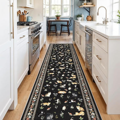 2x10 Washable Hallway Runner Rug - Soft Low Pile Floral Animal Cat Print Rugs with Non-Slip Backing Waterproof Stain-Resistant Indoor Carpet for Kitchen Entryway Bathroom Bedroom (Black)
