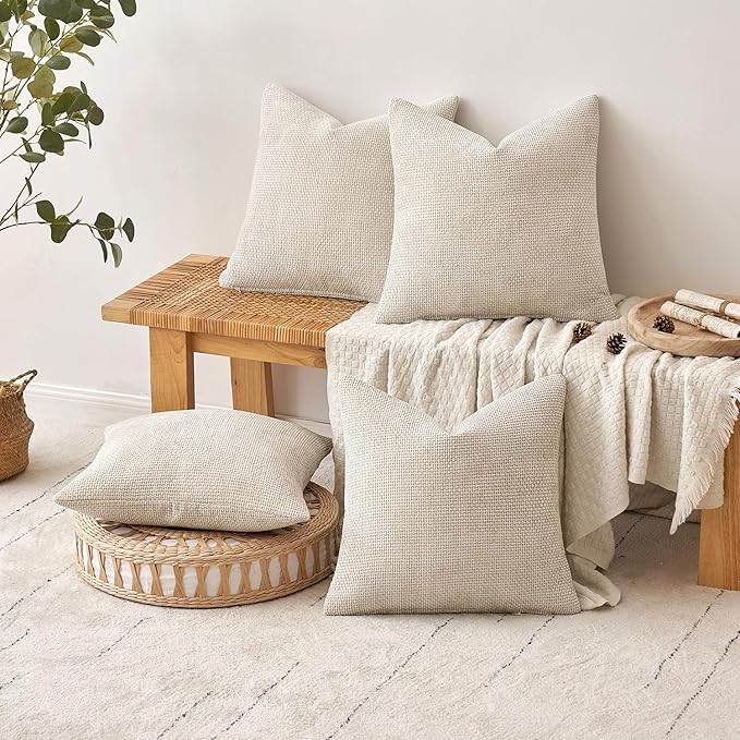 MIULEE Pack of 4 Couch Throw Pillow Covers 16x16 Inch Cream Soft Decorative Chenille Pillow Covers Farmhouse Accent Cushion Covers for Boho Spring Home Decor Sofa Bedroom Living Room