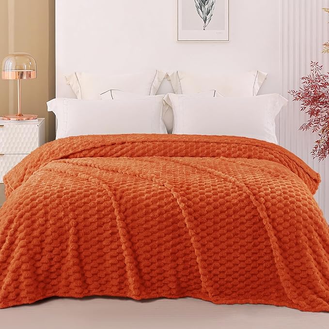 Exclusivo Mezcla Fleece California King Blanket for Bed, Oversized Fuzzy Burnt Orange Bed Blankets, Soft Cozy Plush Sofa Throws for All Seasons, 120x120 Inches