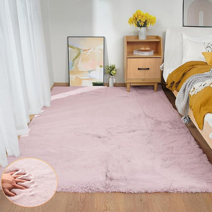 ORINOVA Pink Washable Fluffy Rug 5x7 Area Rugs for Bedroom Plush Faux Rabbit Shag Fur Rug for Living Room Nursery