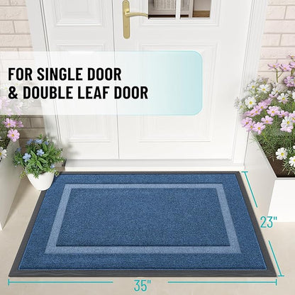 OLANLY Front Door Mat Indoor Outdoor Entrance, Waterproof All-Season, All-Weather Doormat, Sturdy Natural Rubber, Fade Resistant, Low Profile, Easy Clean Patio Porch Entryway Mat, 35x23, Light Blue