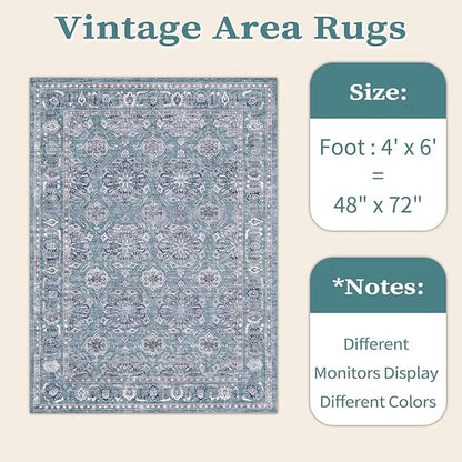 SERISSA Area Rug 4x6 Boho Rugs for Bedroom, Washable Non-Slip Living Room Rugs, Ultra Soft Print Distressed Low-Pile Throw Rug Blue Grey Carpet for Nursery Dorm Kitchen Living Room Decor
