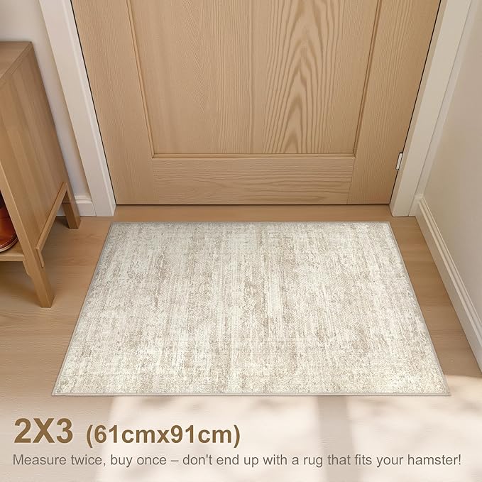 UERMEI 2x3 Entryway Area Rug: Washable Neutral Modern Abstract Small Rug - Non-Slip Low Pile Throw Indoor Carpet for Entrance Kitchen Front Door Mat Bathroom Entry Kids Room - Dark Brown - Beige/Brown
