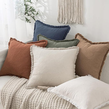 MIULEE Decorative Throw Pillow Covers Neutral Linen Fringe Throw Pillows Set of 2 Indigo Blue Boho Farmhouse Cushion Covers Coastal Decor for Couch Sofa Bed Living Room Spring Decor 20x20 Inch