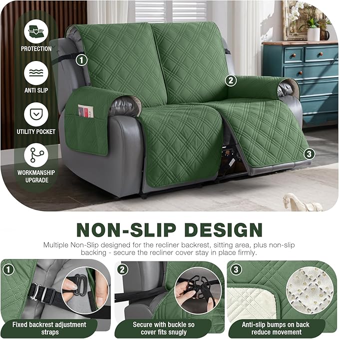 TAOCOCO 100% Waterproof Loveseat Recliner Covers 2 Seater, Split Loveseat Covers for Reclining loveseat, Non Slip Reclining Couch Cover with Double Straps for Kids, Pets(2 Seater, Vine Green)