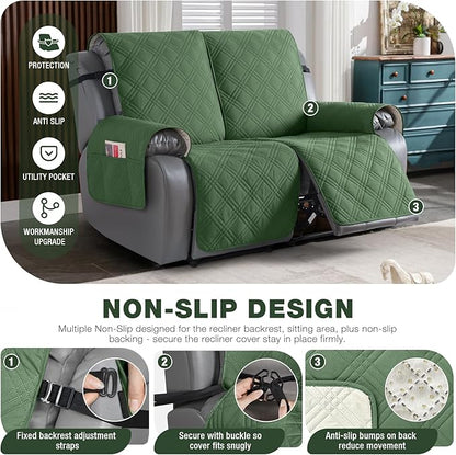 TAOCOCO 100% Waterproof Loveseat Recliner Covers 2 Seater, Split Loveseat Covers for Reclining loveseat, Non Slip Reclining Couch Cover with Double Straps for Kids, Pets(2 Seater, Vine Green)