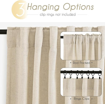 Faux Linen Beige Curtains 96 inches Long for Living Room Rustic Farmhouse Linen Drapes Semi Sheer Burlap Textured Canvas Cloth Curtain Panels Set of 2 Kahki Tan Colored