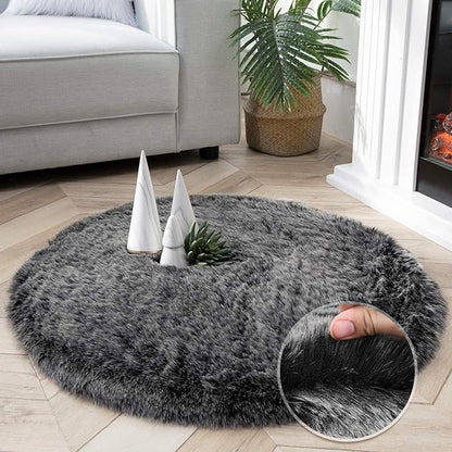 Ashler HOME DECO Soft Fox Faux Fur Chair Couch Cover Area Rug for Bedroom Floor Sofa Living Room Black White 3 x 3 Feet Round