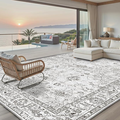 Grey White Area Rugs 10x14 Living Room, Non Slip Machine Washable Floral Rugs, Low Pile Lightweight Large Rug for Bedroom, Dining Room, Home Office(10 x 14, Grey White)