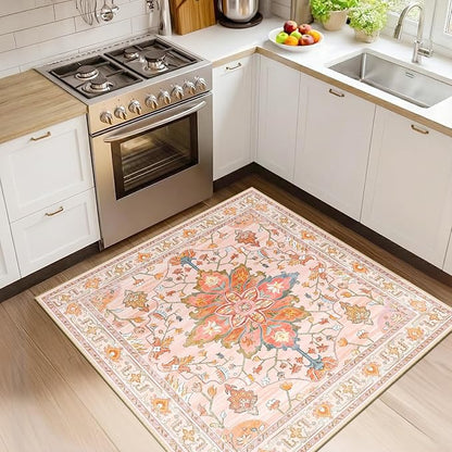 Area Rugs Square 4ft Washable Non-Slip, Floral Vintage Distress Print Pattern Medallion Carpet for Living Room Bedroom Dining Room, Light Pink Colorful