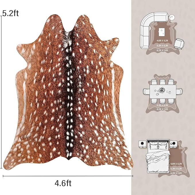 AROGAN Premium Deer Print Rug 4.6x5.2 Feet, Machine Washable Faux Fur Rug, Non-Slip Animal Print Hide Deer Skin Area Rug for Bedroom Living Room Home Decor
