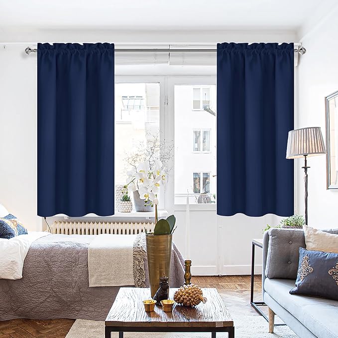 DWCN Kitchen Curtains for Small Windows 45 inch Long 2 Panels Set, Navy Blackout Room Darkening Short Drapes for Bedroom, Rod Pocket Thermal Insulated Window Treatment (W38 x L45 Inch, Navy Blue)