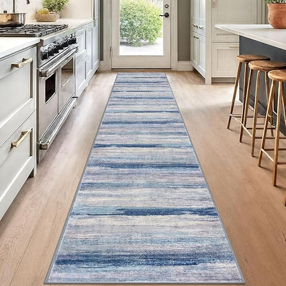 KOZYFLY Modern Abstract Hallway Runner, 2x12 Washable Rug Runner Non-Slip Soft Striped Kitchen Runner Rug, Blue/Grey/Beige Print Carpet for Entryway Bathroom Laundry Room Foyer