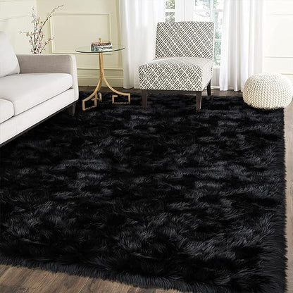 Latepis Area Rug 6x8, Faux Fur Sheepskin Rug for Living Room, Fluffy Washable Rugs for Bedroom, Dorm, Luxury Room Decor, Black Fur Rugs, Rectangle